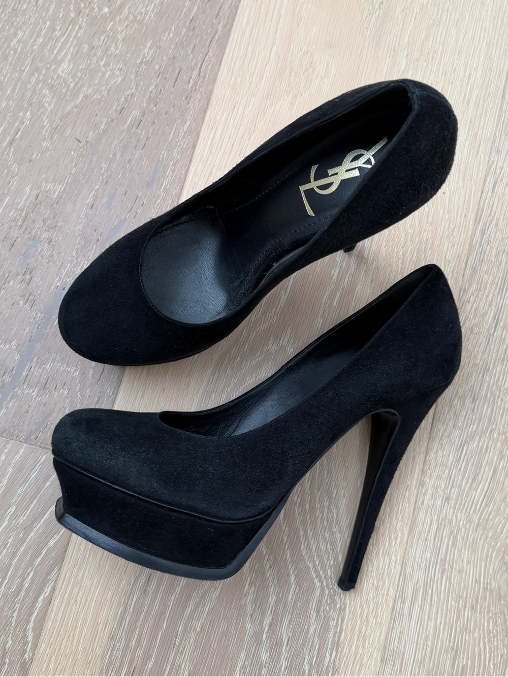 YSL Tribute Black Suede Platform Pumps Heels